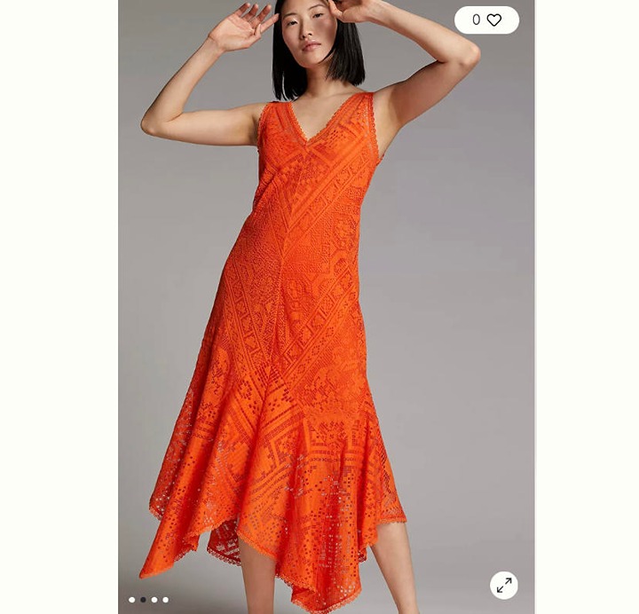Anthropologie orange lace handkerchief midi dress