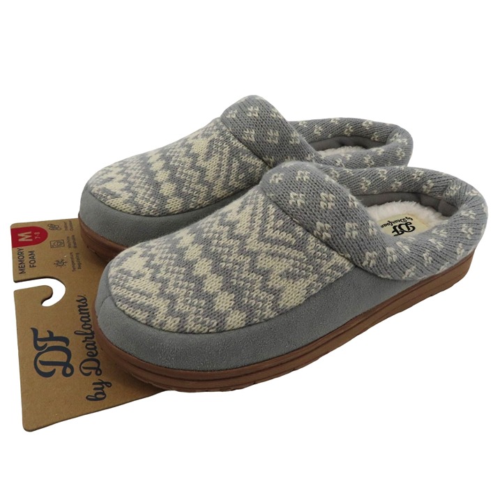 Dearfoams Medium 7-8 Gray Sweater Knit Indoor Outdoor Memory Foam Slippers NEW