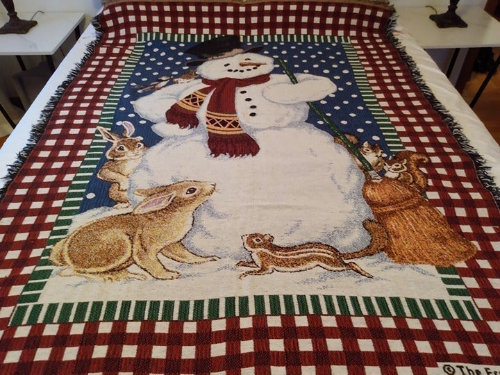 VTG 80s Winter Scene Blanket Throw Afghan Tapestry 100% COTTON Large 50 x 70
