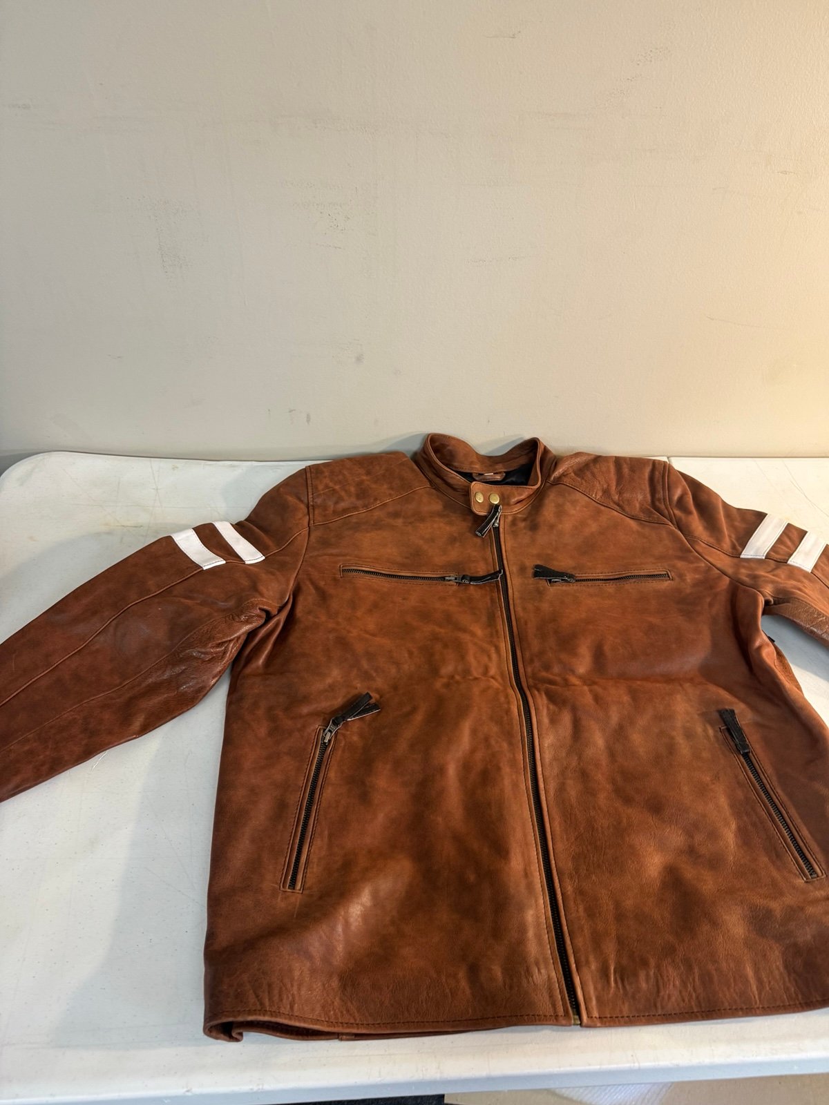 Custom Brown white Leather Jacket Xl