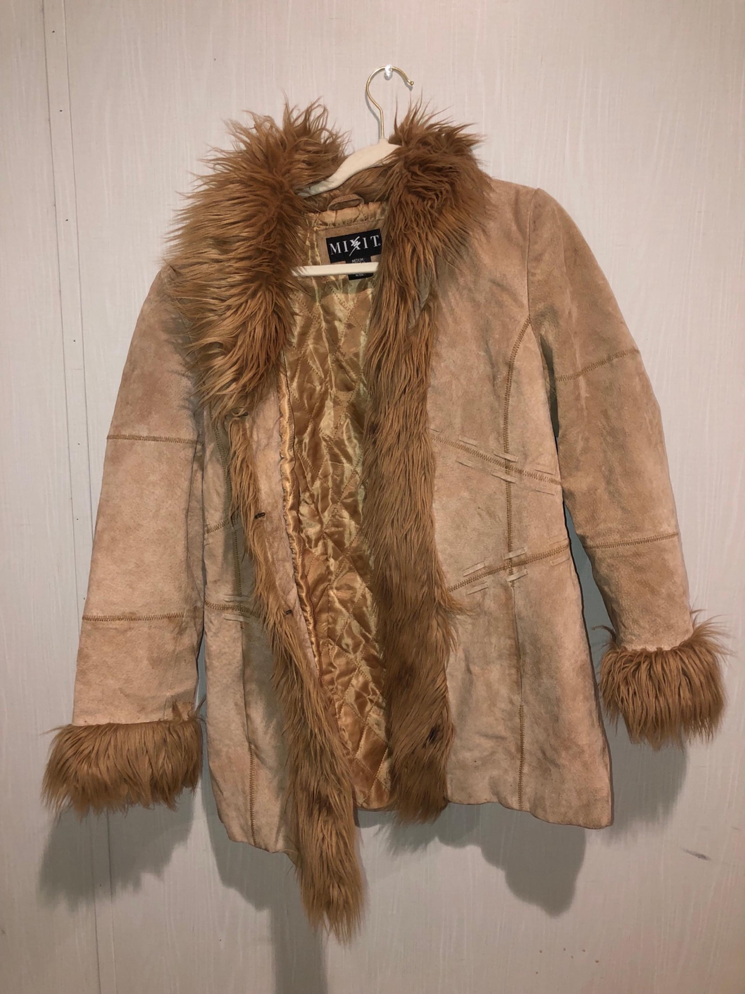 Vintage Mixit Penny Lane Womens Genuine Leather Tan Coat With Faux Fur Y2K
