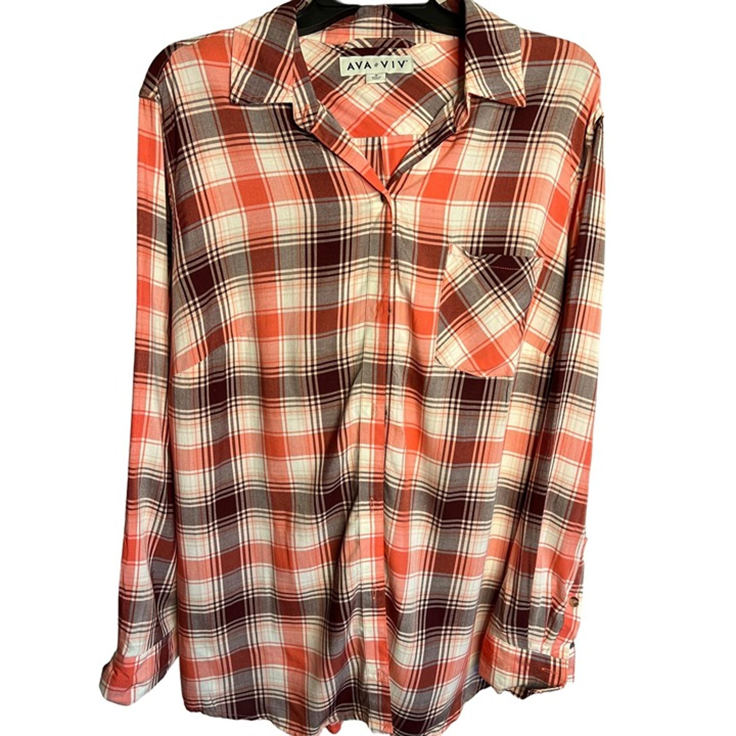 Ava & Viv Women's Plaid Button-Down Shirt Size 1X Long Sleeve Red-White-Brown