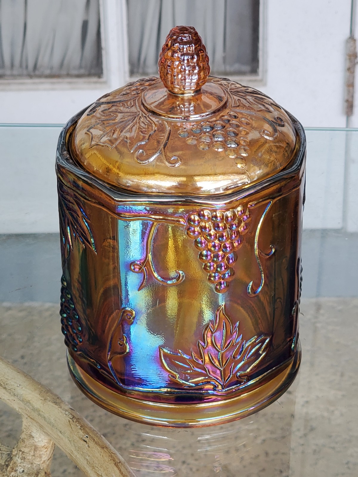 Vintage Indiana Carnival Glass Harvest Grape Canister Jar Iridescent Amber W/Lid