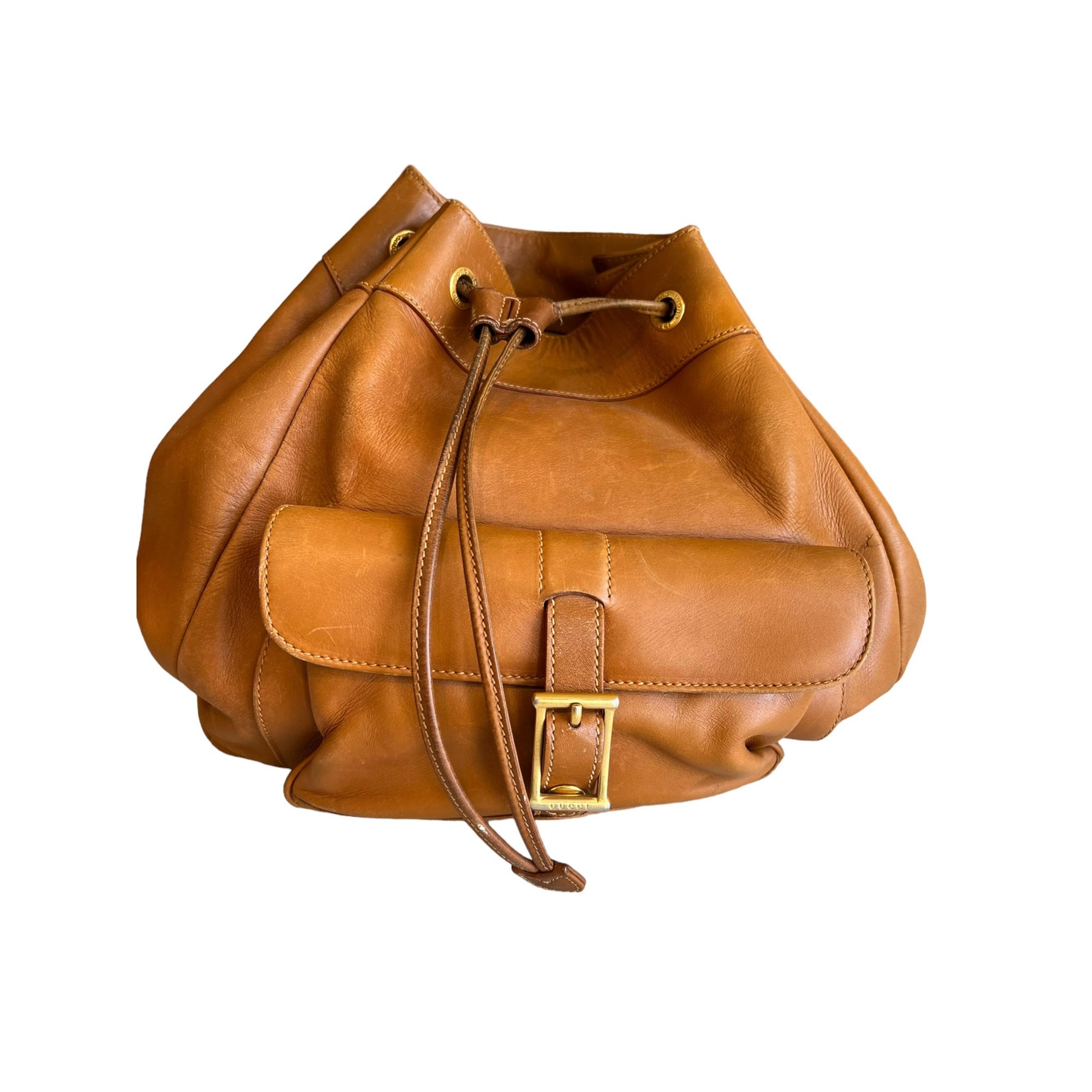 Vintage Authenticated Gucci Leather Bucket Style Backpack Carmel Brown