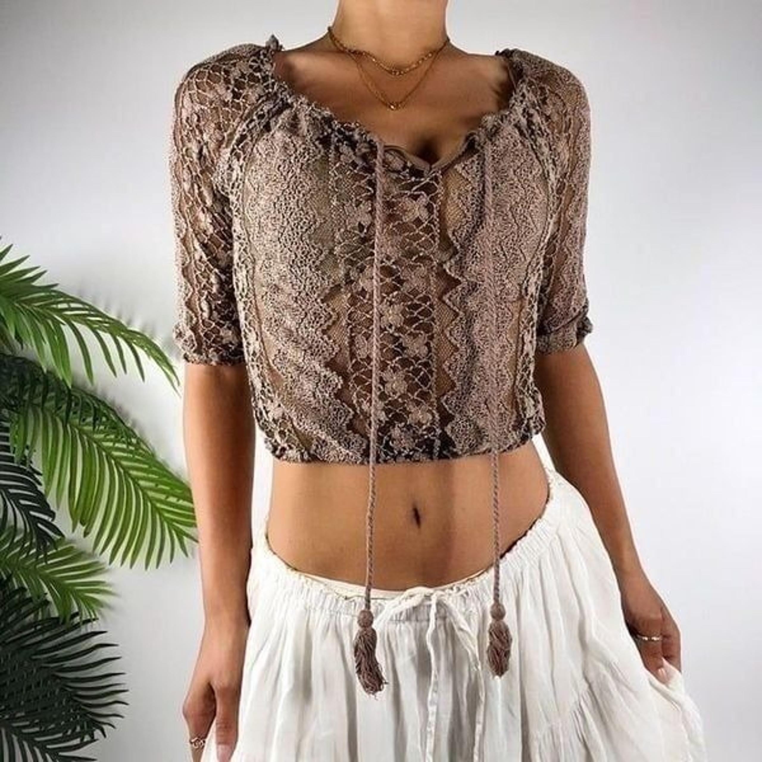 Vintage Brown Floral Fairy Grunge Cottagecore Sheer Knit Bohemian Crop Top / S