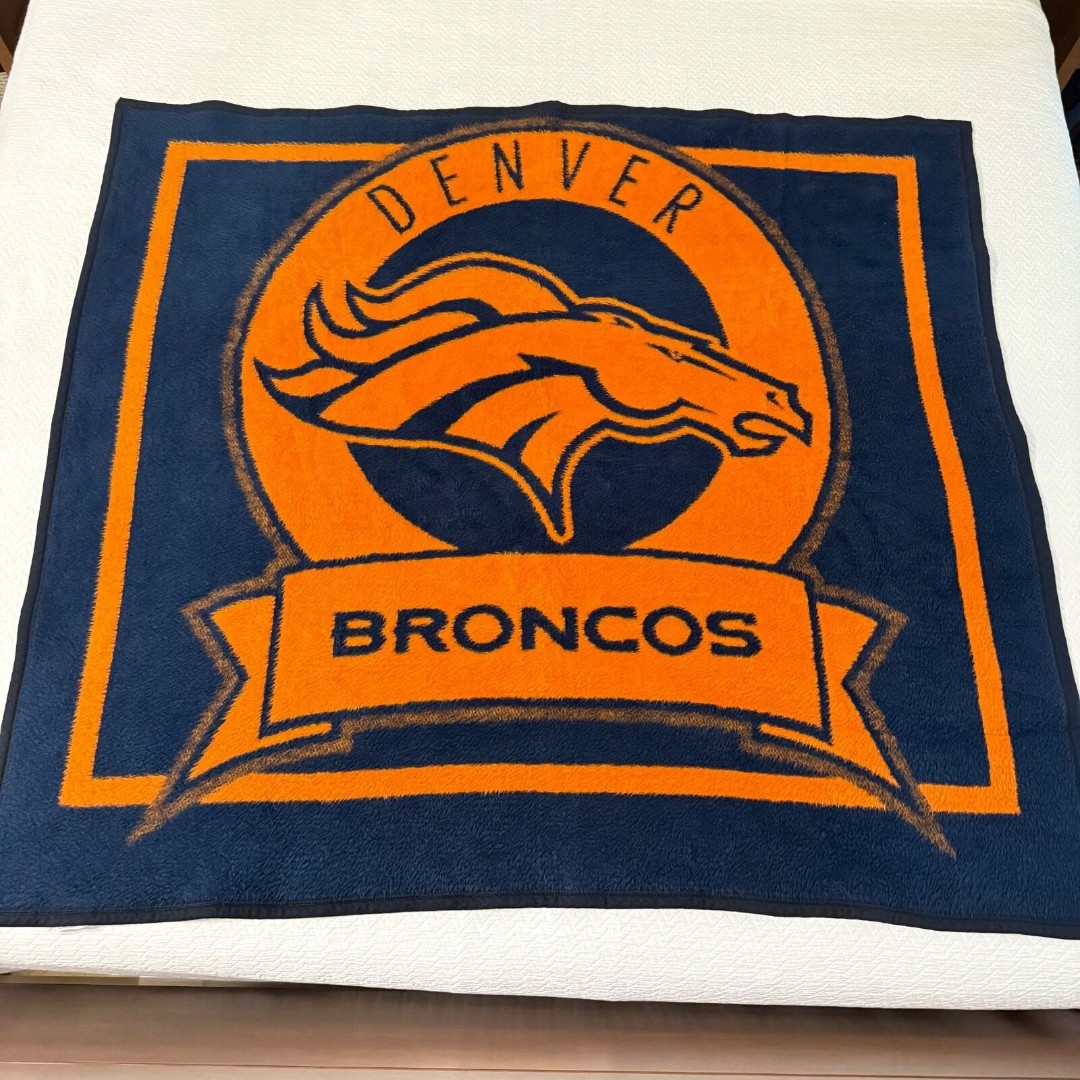 Vintage Denver Broncos NFL Orange & Blue Biederlack Plush Throw Blanket USA MADE