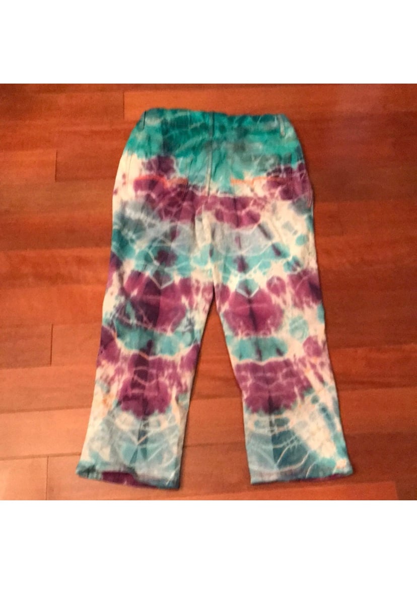 White hand dyed tie dye denim capris orange stitching jeans Hippy, Hippie, sz6