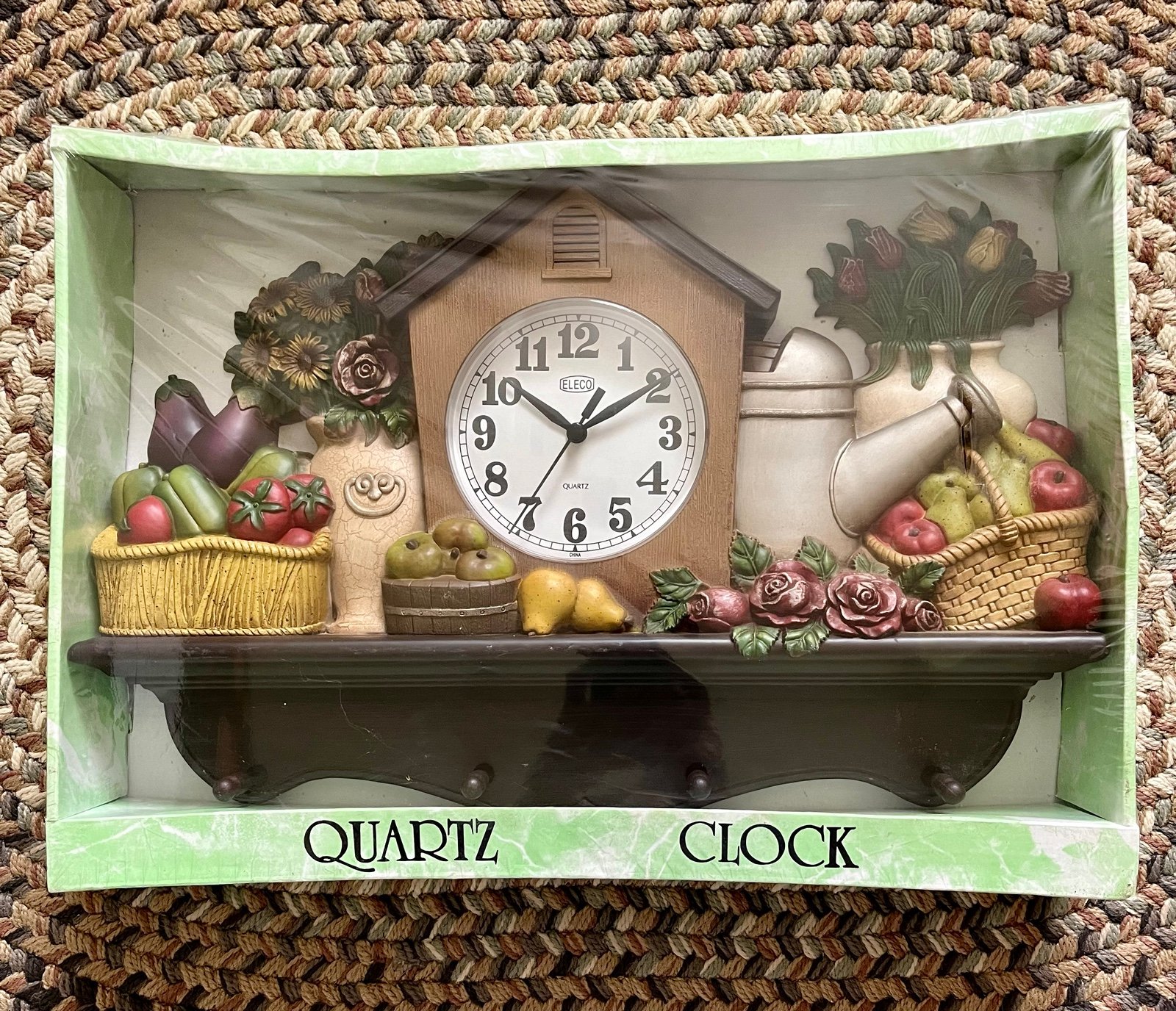 Vintage Eleco Quartz Fruit Flowers Watering Can Plastic Wall Clock New in Box