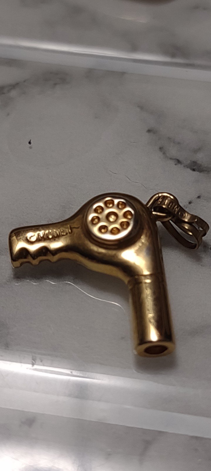 vintage Monet hair dryer charm, vintage Monet gold filled.