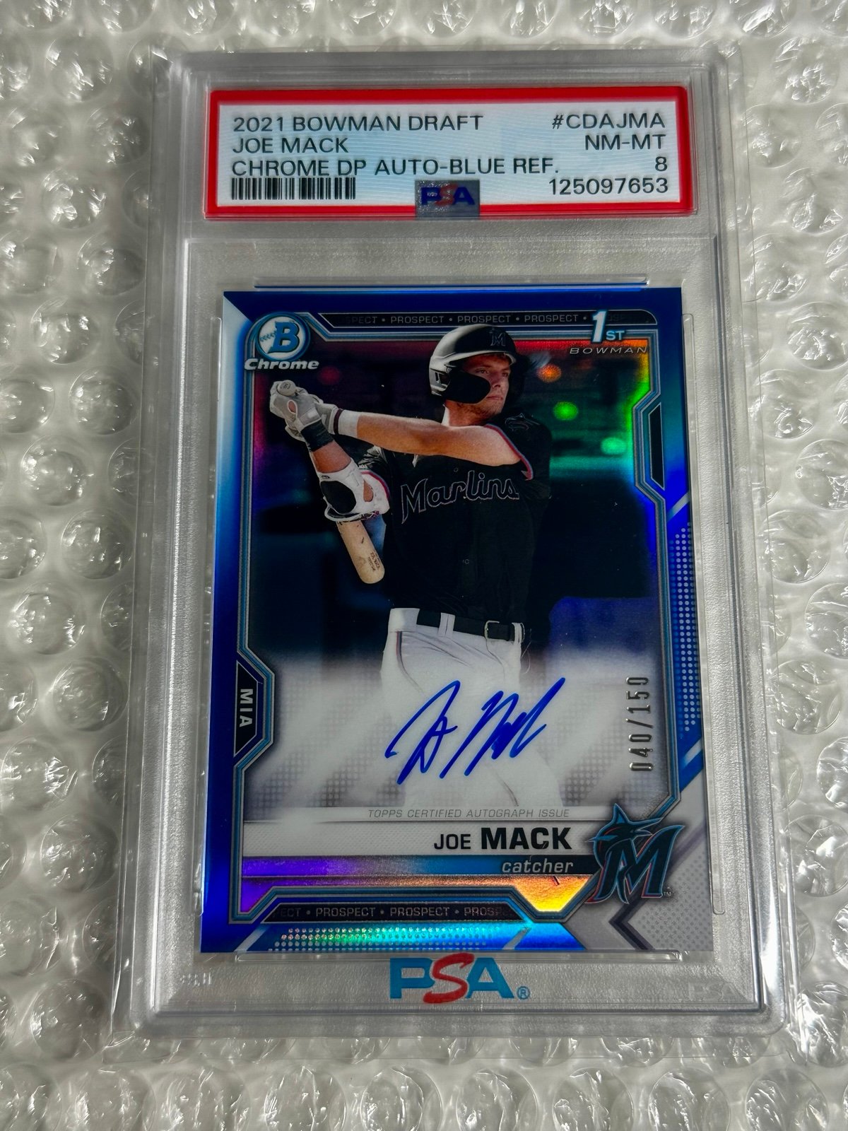Joe Mack Blue Refractor #CDA-JMA 2021 Bowman Draft Pick Chrome Auto PSA 8 Miami