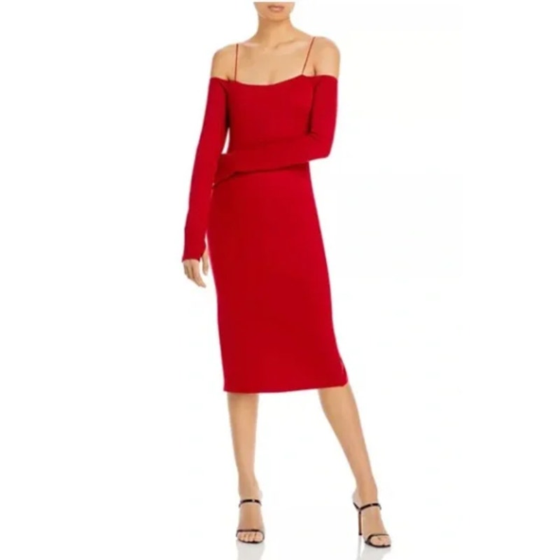 Alice + Olivia Dorinda Off the Shoulder Stretch Bodycon Midi Dress RED Size 14