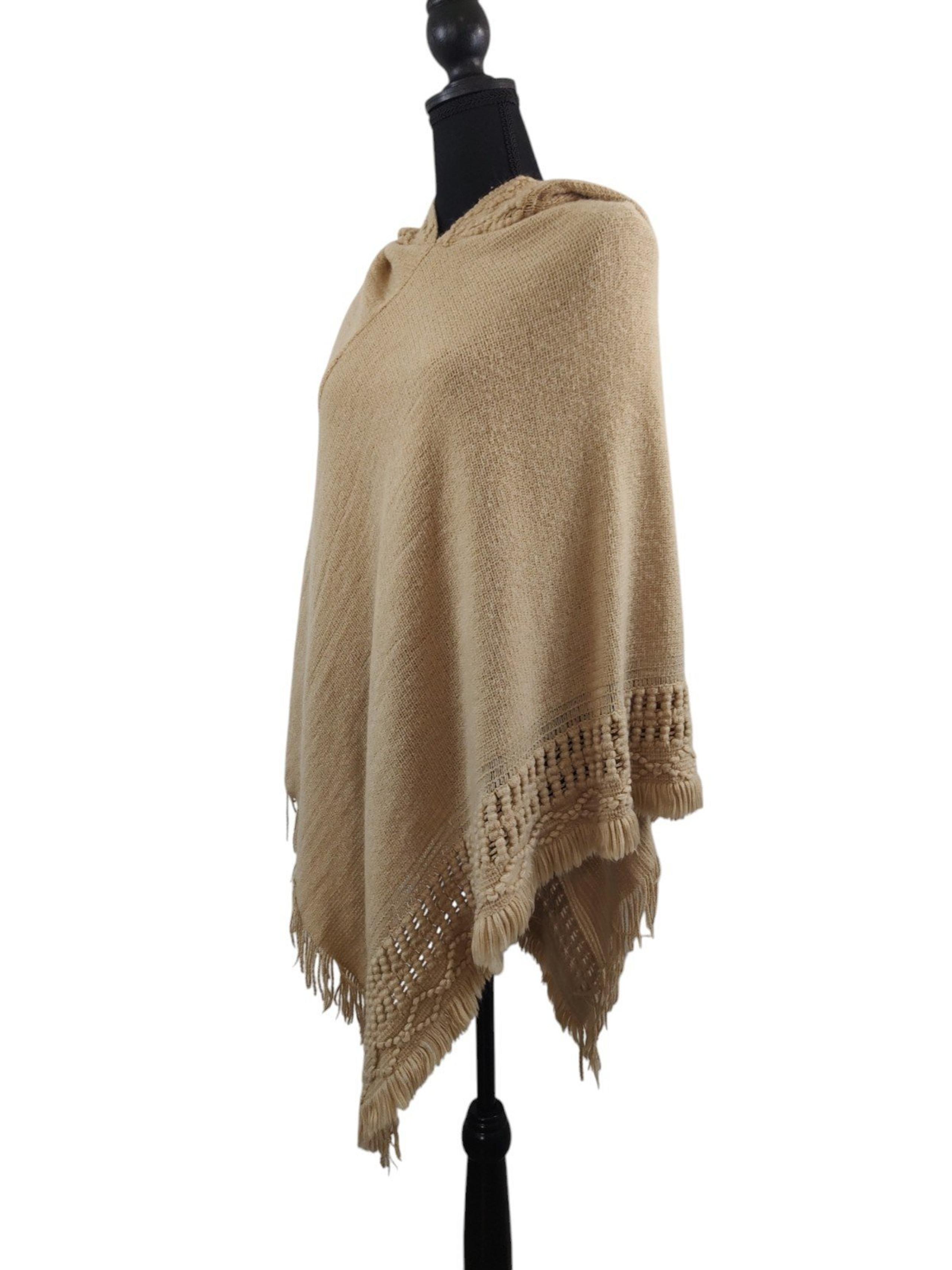 Apt 9 Sweater Hood Poncho Fringe Camel One Size Pullover Hoodie Crochet Shawl