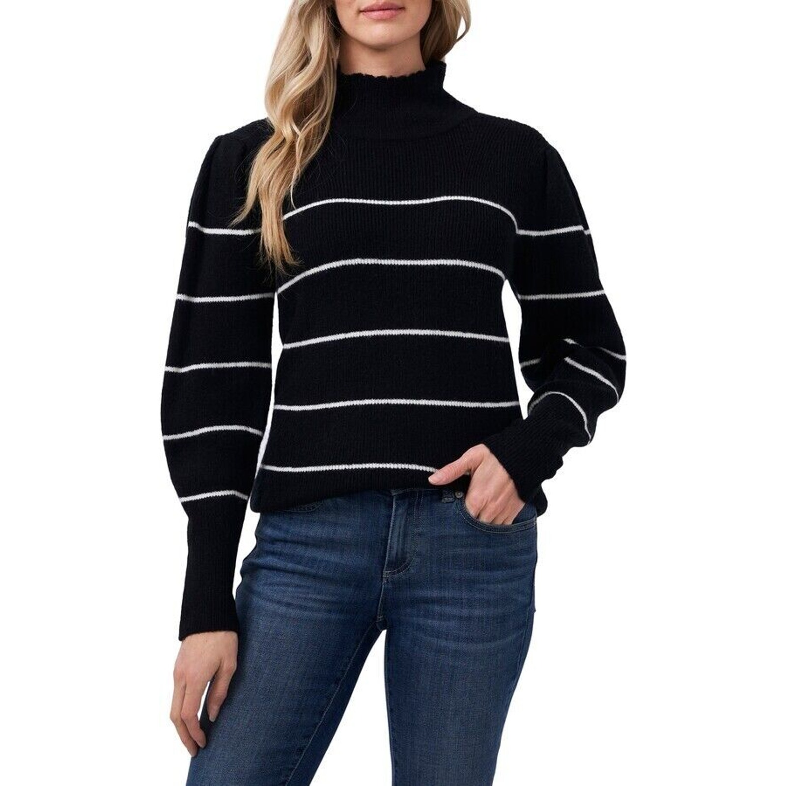 CeCe NWT Women's Black Stripe Mock Neck Sweater Size L