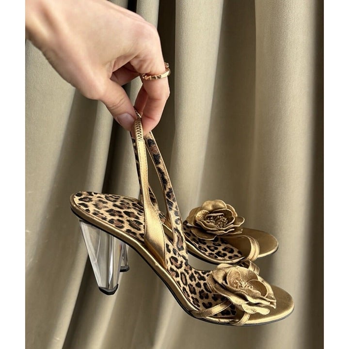 Dolce Gabbana Gold Leather Sandal Size 38.5 Clear Acrylic Heels Cheetah Leopard