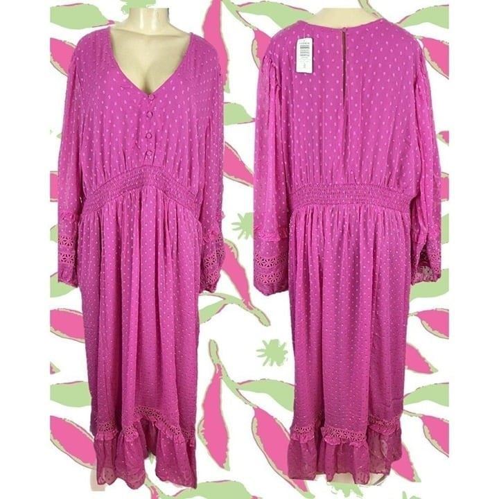 Festi Torrid Plus 4 Pink Textured Dot Lined V-Neck Sheer Long Sleeve Maxi Dress