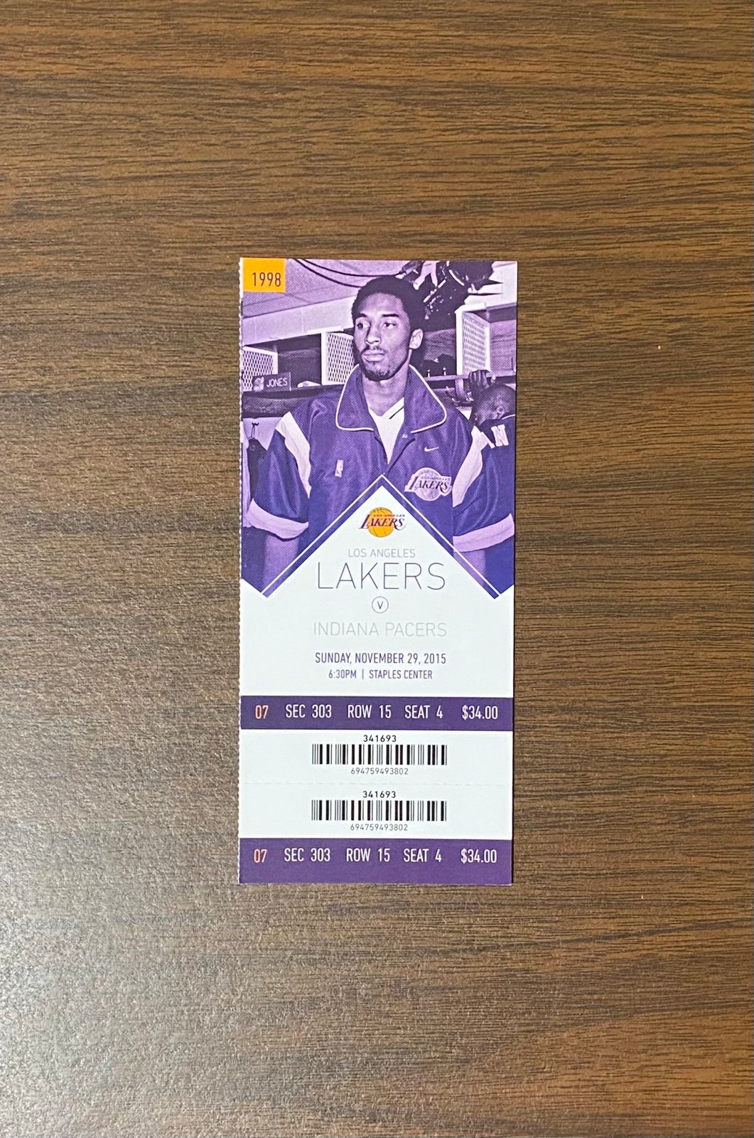 KOBE BRYANT ANNOUNCES RETIREMENT 2015 NBA AUTHENTIC FULL GAME TICKET 11/29/2015