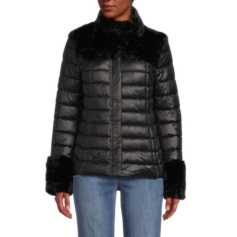 DKNY Jacket Womens XL Black Faux Fur Puffer Warm Quilted Lightweight NWT
