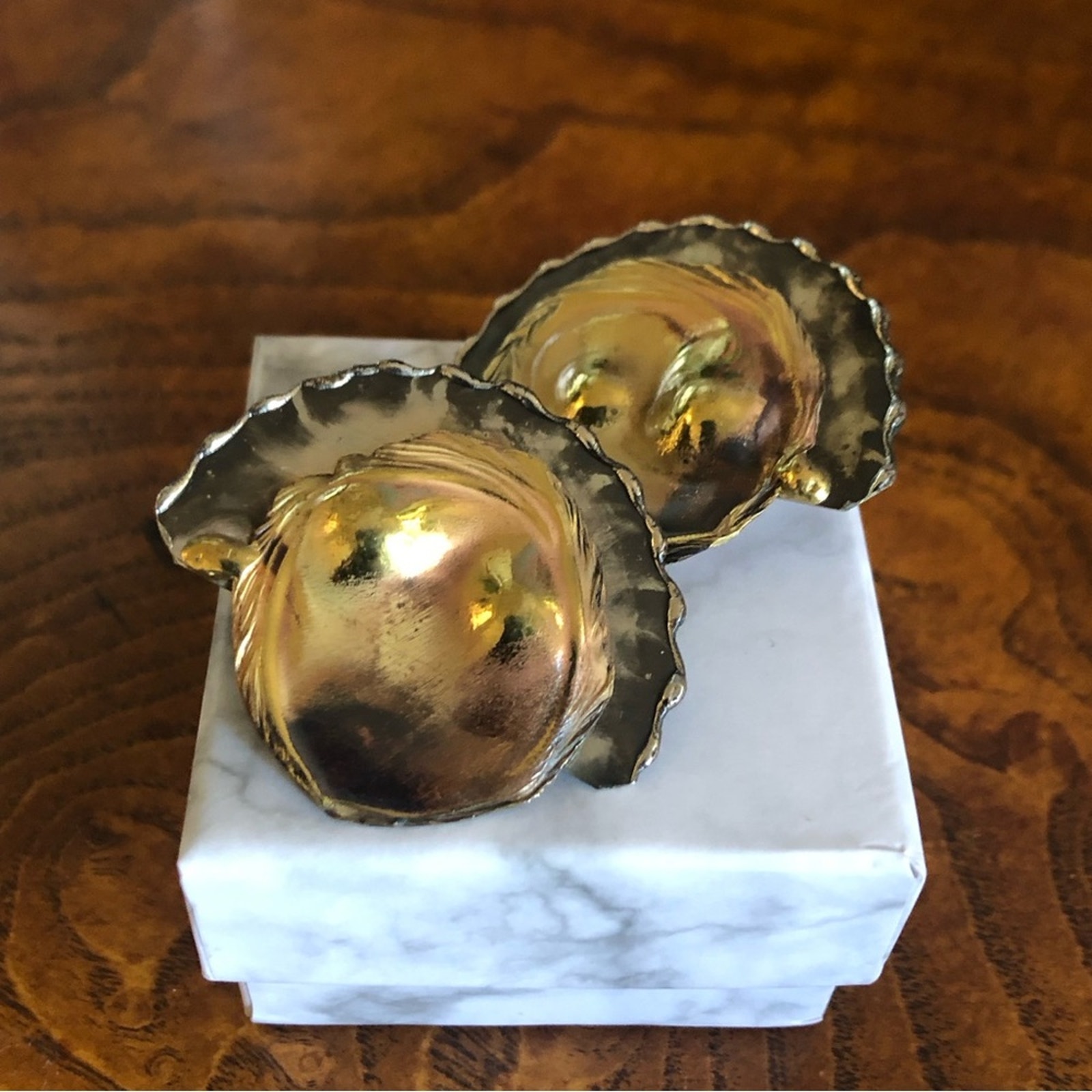 Vintage handcrafted metal and nacre clip on earrings