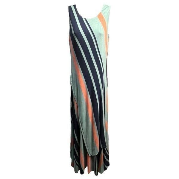 Soft Surroundings Lina Dress Maxi Tranquil Teal Coral Stripes Sleeveless NEW PXS