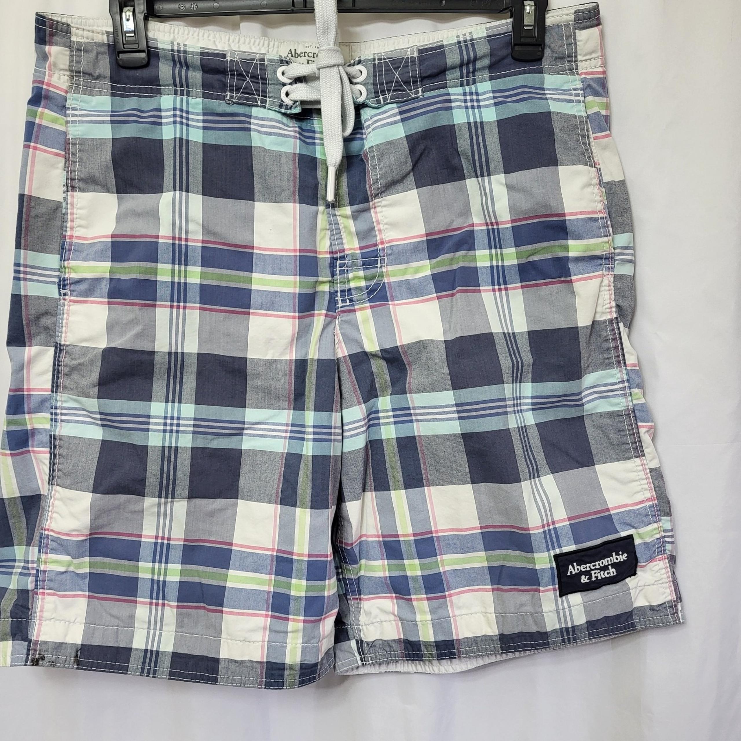 Abercrombie & Fitch Mens Size XL Madras Plaid Bermuda Board Shorts Blue White