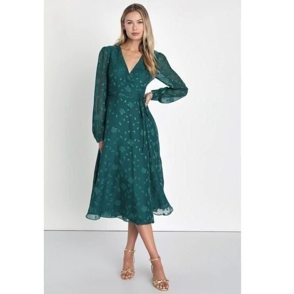 Lulus Women’s Evening of Elegance Emerald Green Floral Jacquard Wrap Midi Length