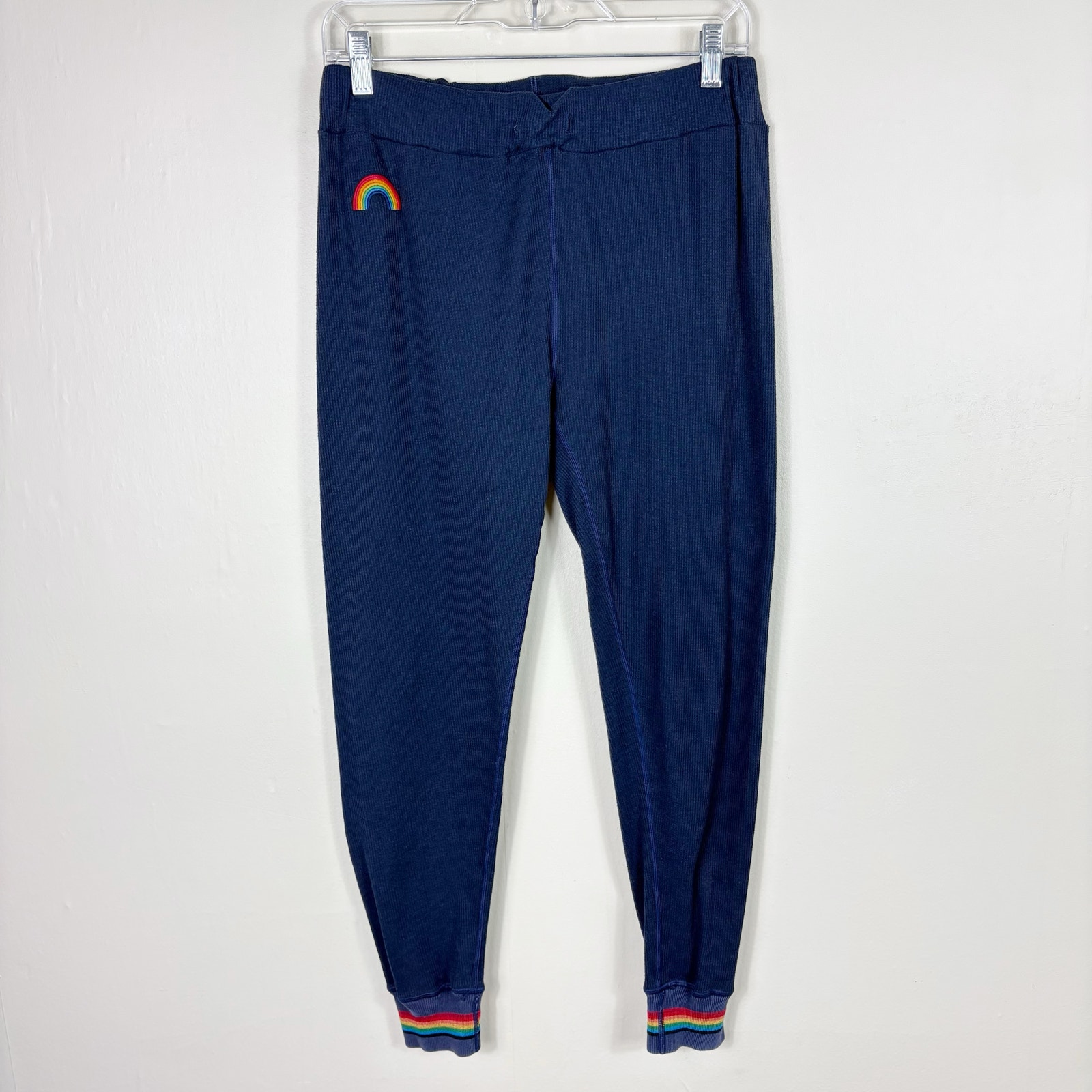 Aviator Nation Lightweight Navy Blue Waffle Knit Rainbow Thermal Jogger Pants