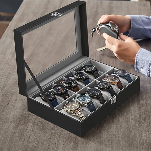 Watch Box, 12-Slot Watch Case with Large Glass Lid, Removable Watch Pillows