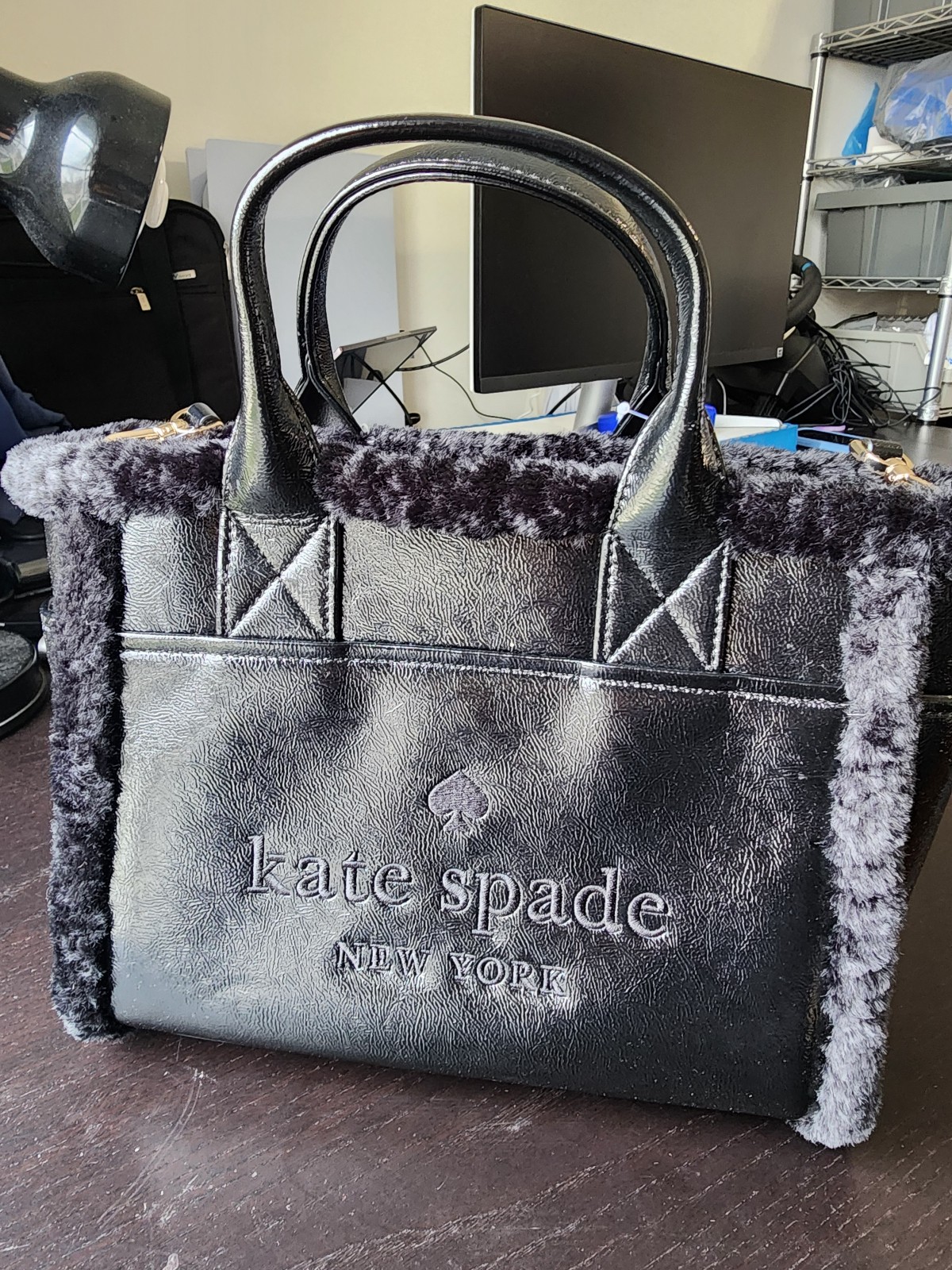 KATE SPADE JETT FAUX SHEARLING SMALL TOTE BLACK NWT