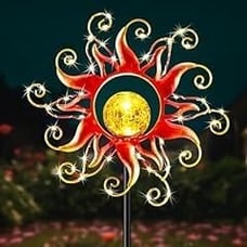 Solar Outdoor Lights Garden Decor, Golden Red Sun Metal Stake Lights