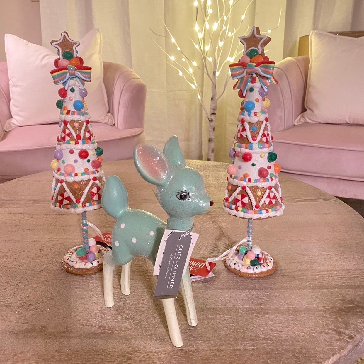 Two Gingerbread-Candy Trees - Mint Green Retro Fawn Christmas Bundle - NWT