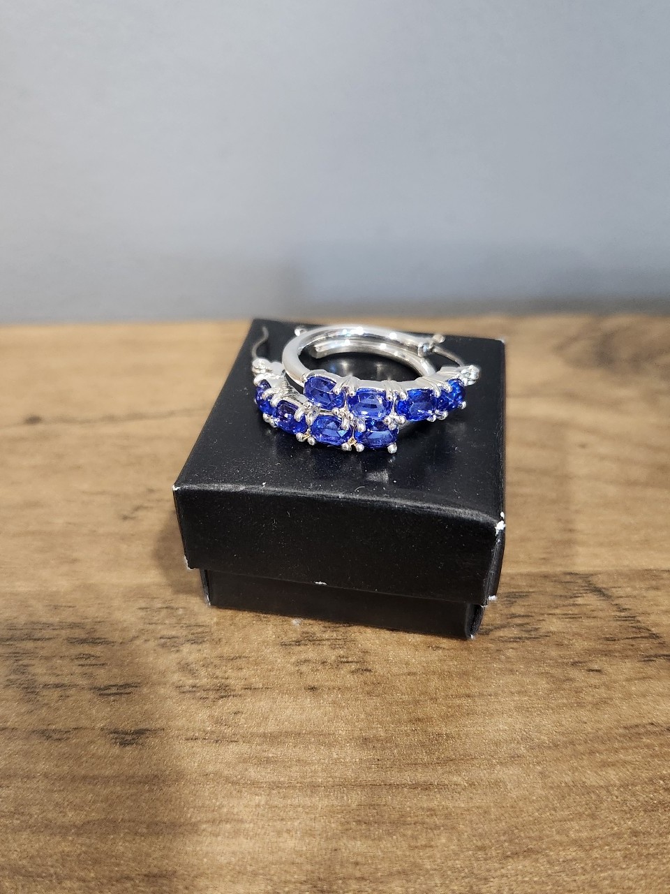 Oval Created Blue Sapphire & Princess-cut White Topaz 925 Silver Hoop Earrings