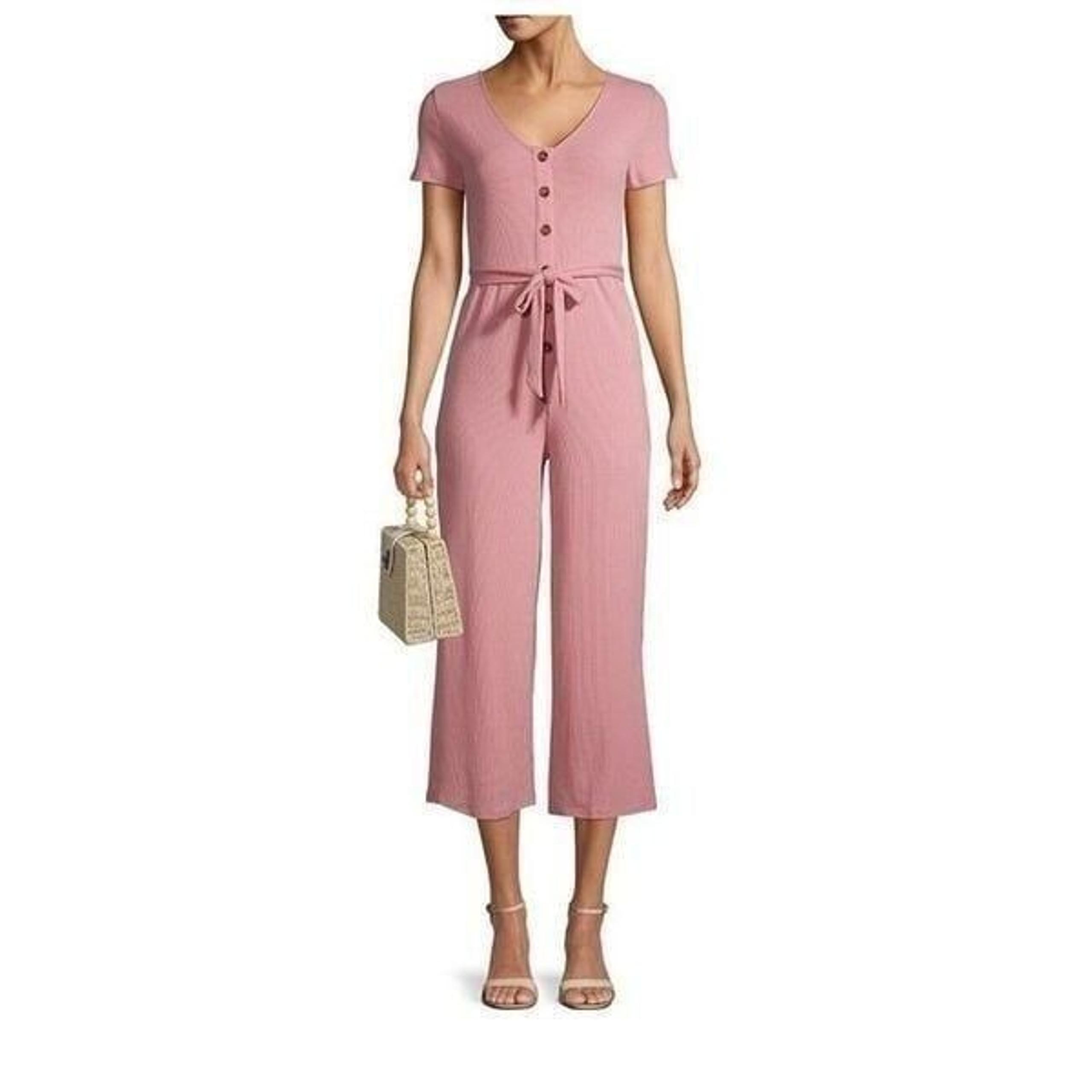 No Boundaries Ribbed Jumpsuit Belted Mauve Pink Wide Leg XL NWOT Jumper Button