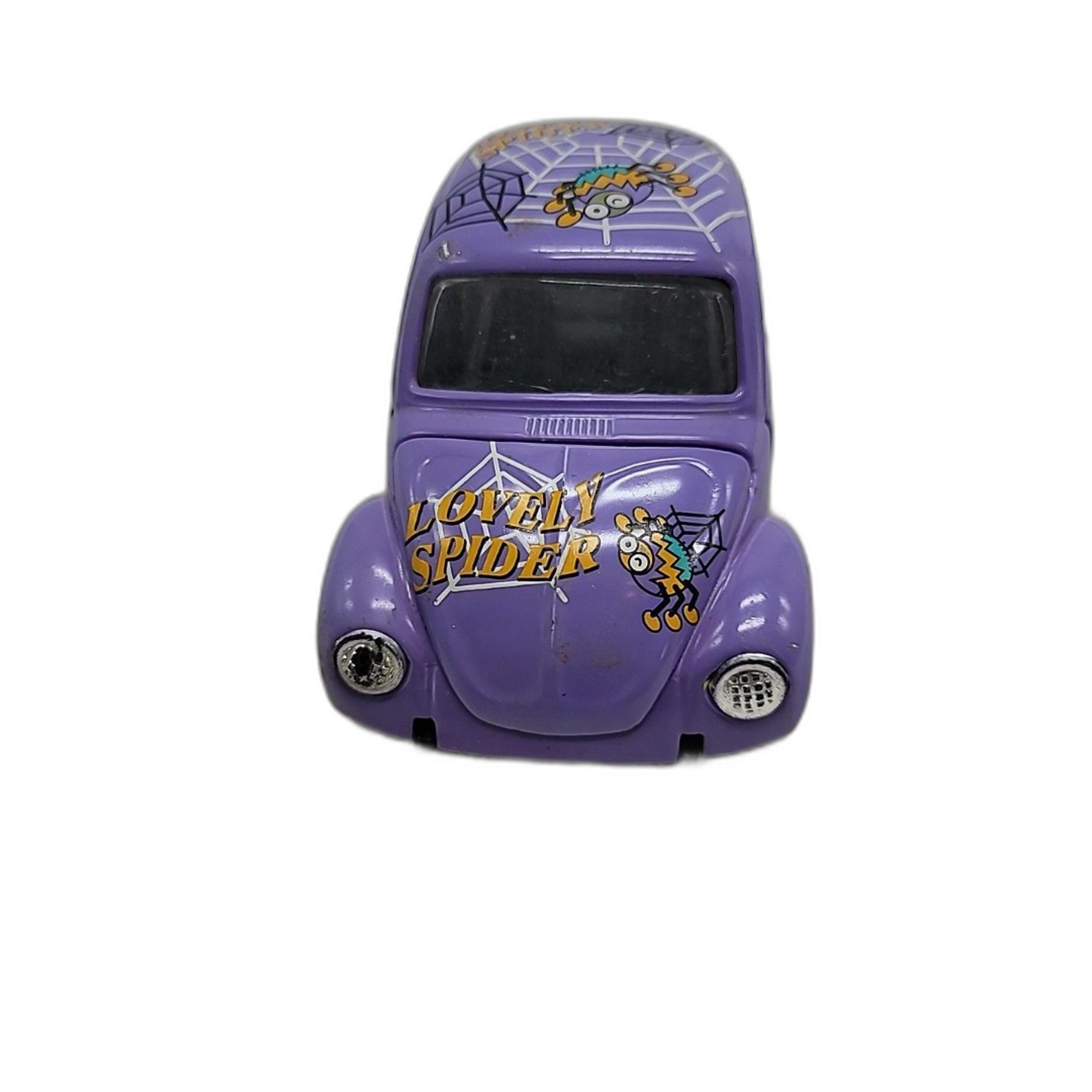VINTAGE PURPLE LOVELY SPIDER DIECAST VW VOLKSWAGEN BEETLE PULL BACK CAR 5.25"