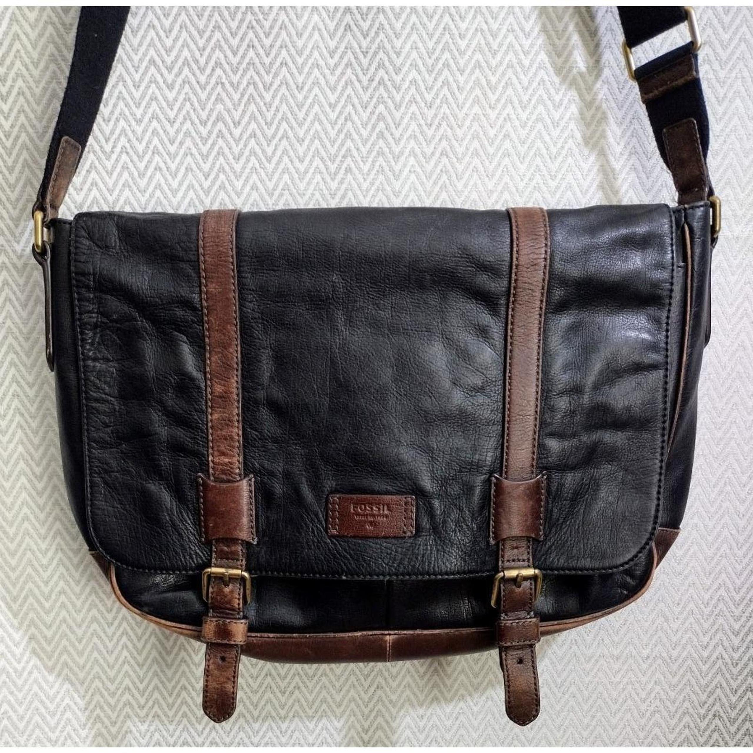 FOSSIL Black & Brown Luxury Leather Messenger Satchel Laptop Bag Tote Vintage