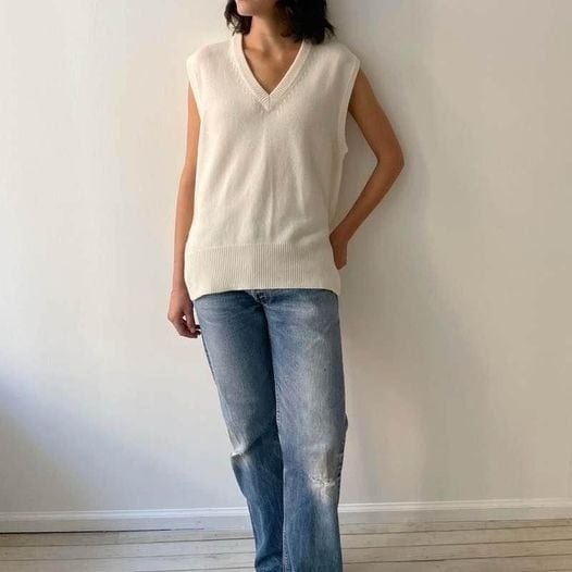Sunday Best Women’s Sleeveless Merino Wool Oversized Cream Neuteal Vest Sz S