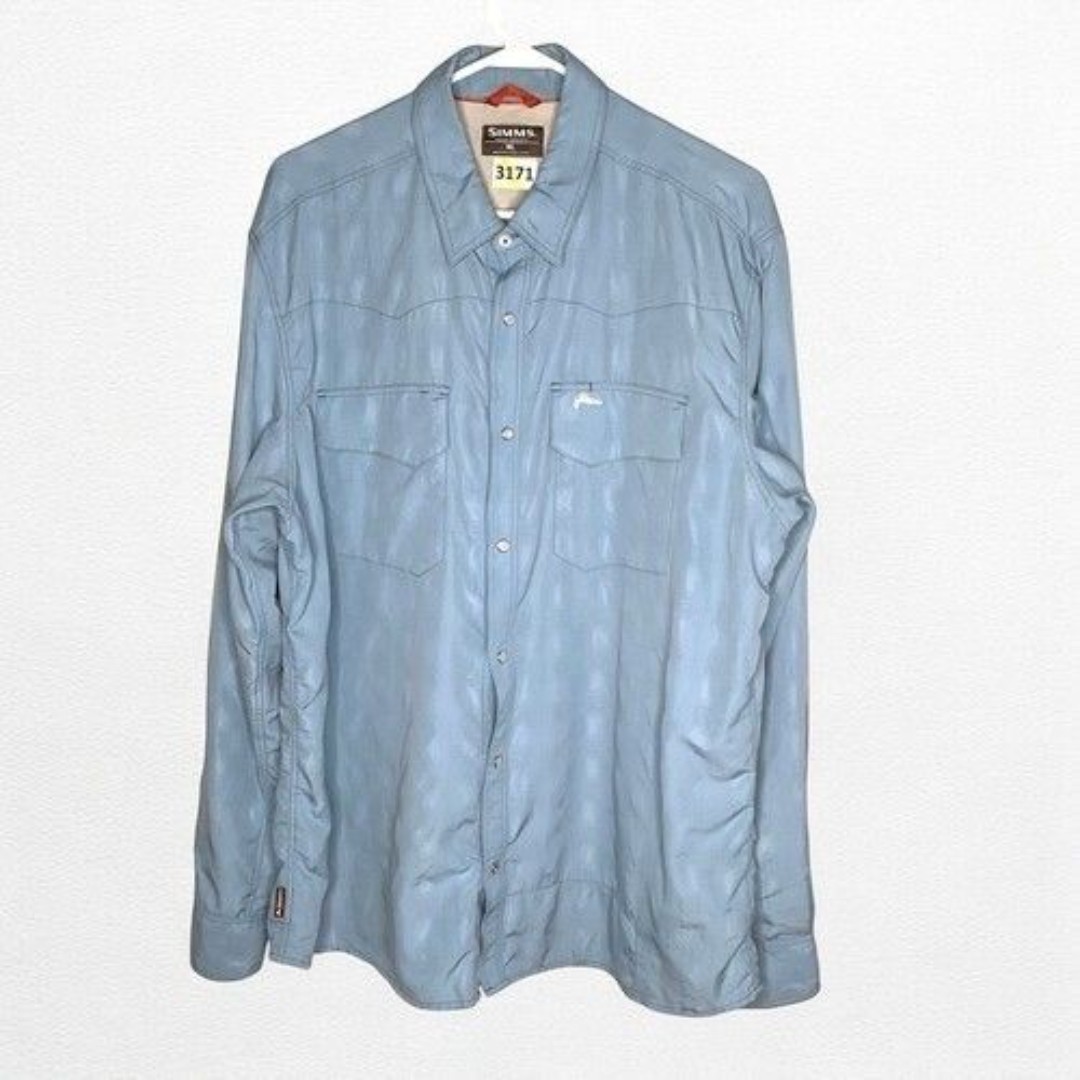 Simms Vented Mesh Long Sleeve Pearl Snap Outdoor Fishing Shirt Men Size XL Blue