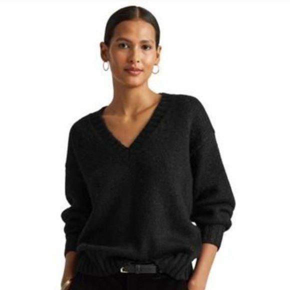 LAUREN RALPH LAUREN Black Metallic Thread Ribbed Long Sleeve V Neck Sweater