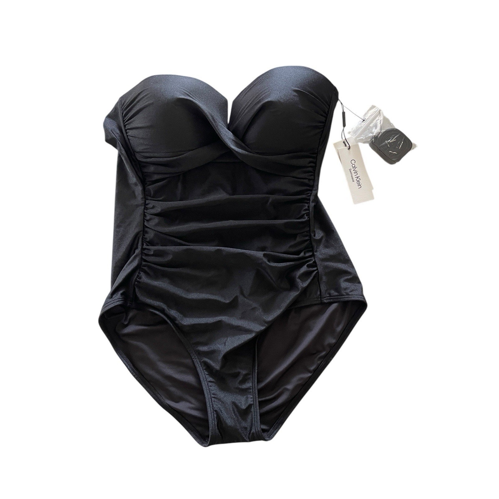 Calvin Klein Shirred Tummy Control Split-Cup Bandeau One Piece Swimsuit Size 16
