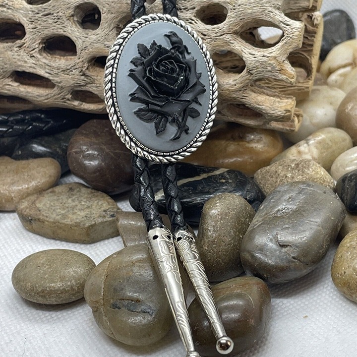 Black Gray Rose Wedding Cameo Pendant Bolo Lariat Tie Victorian Fathers day dad