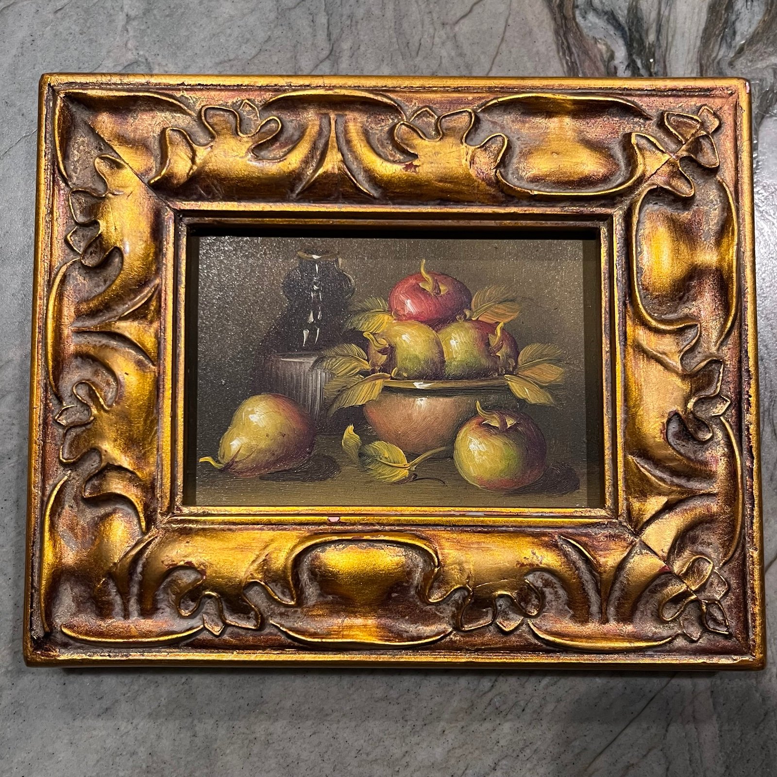 Still-Life Painting with Apples & Pears in Antique Style Gold Frame