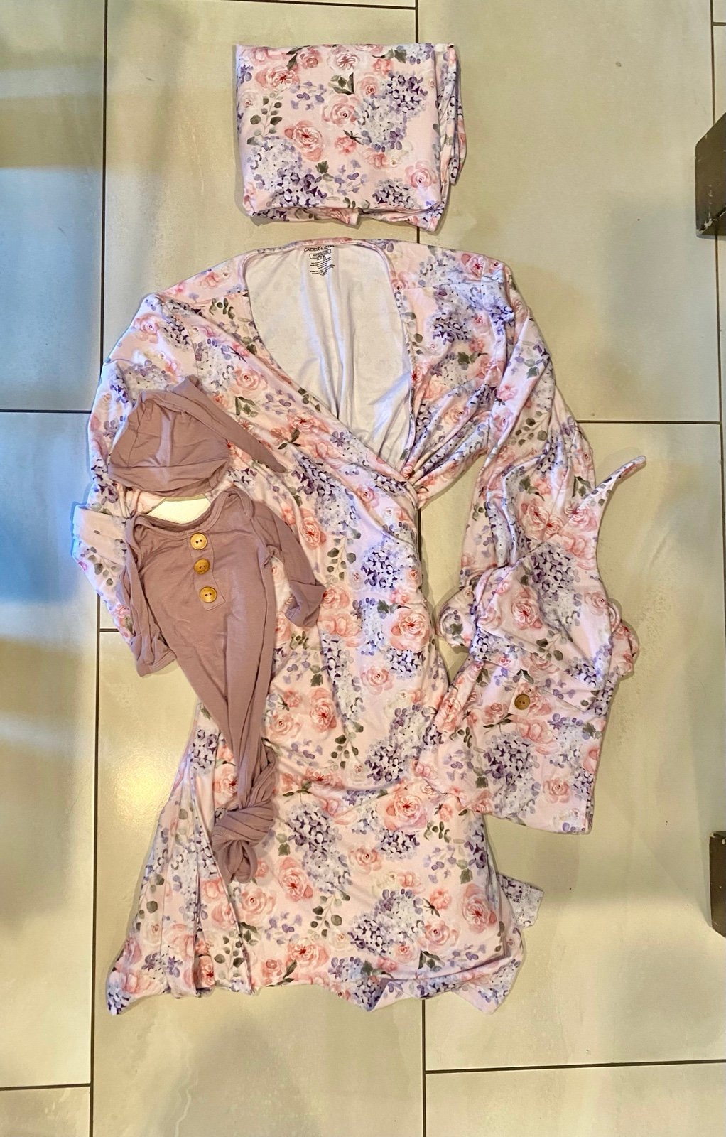 Kayden Lane robe, newborn gown, and zippy
