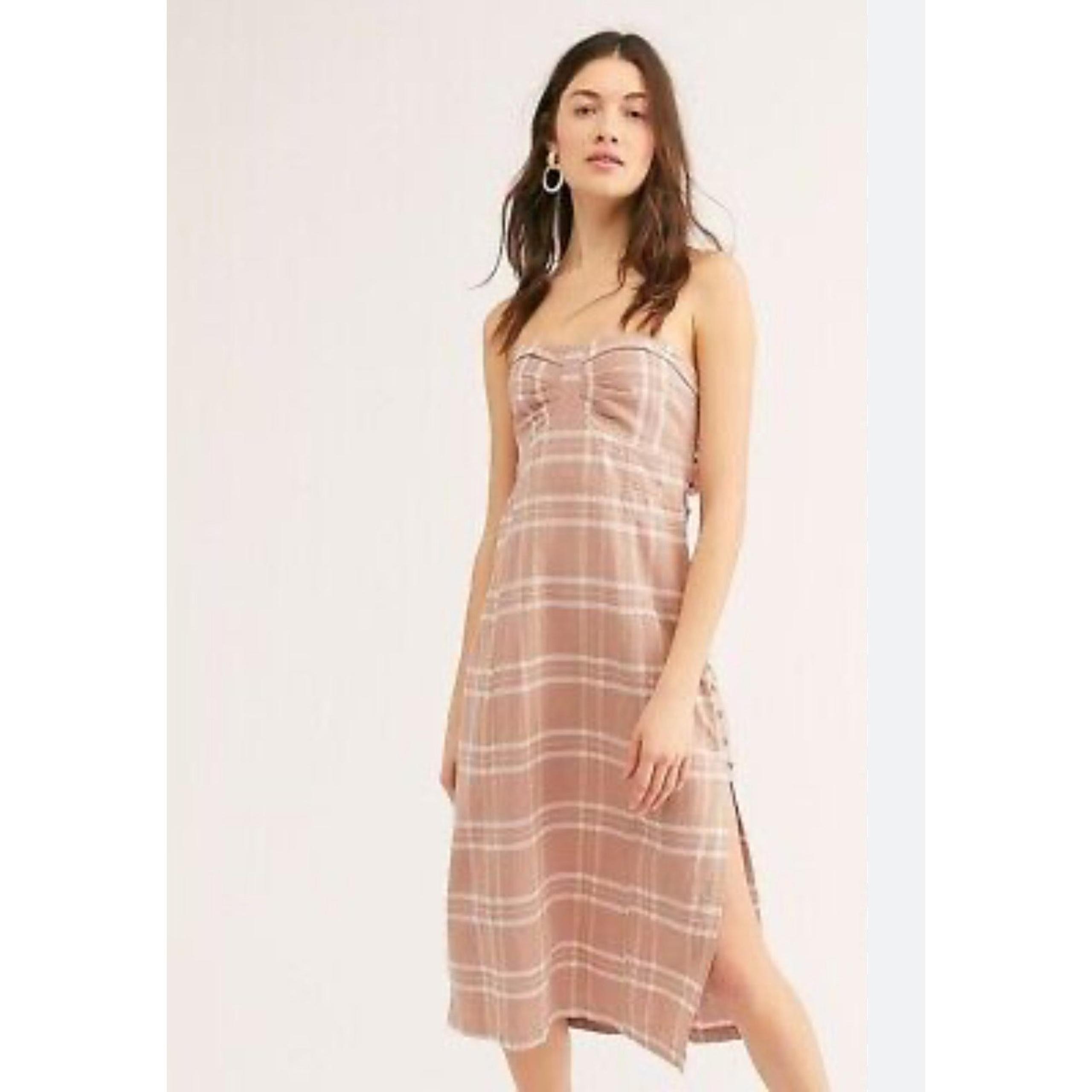 Free People Endless Summer Life Like This Plaid Strapless Midi Dress Brown Large