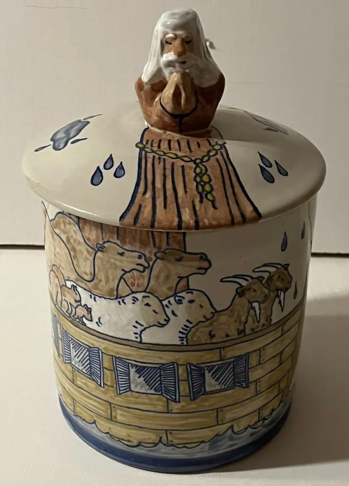 Louisville Stoneware Canister Noah's Ark COOKIE JAR 10 1/2” Tall Lid SEE PHOTOS.