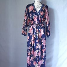 Vintage LORRAINE Floral Kimono Maxi Robe Lace Trim Multicolor Sz.1X Made in USA