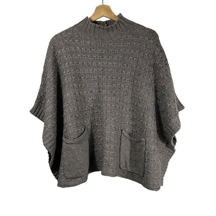 LAMade Womens Wool Blend Mock Neck Knit Sweater Poncho Gray Petite Size S Pocket