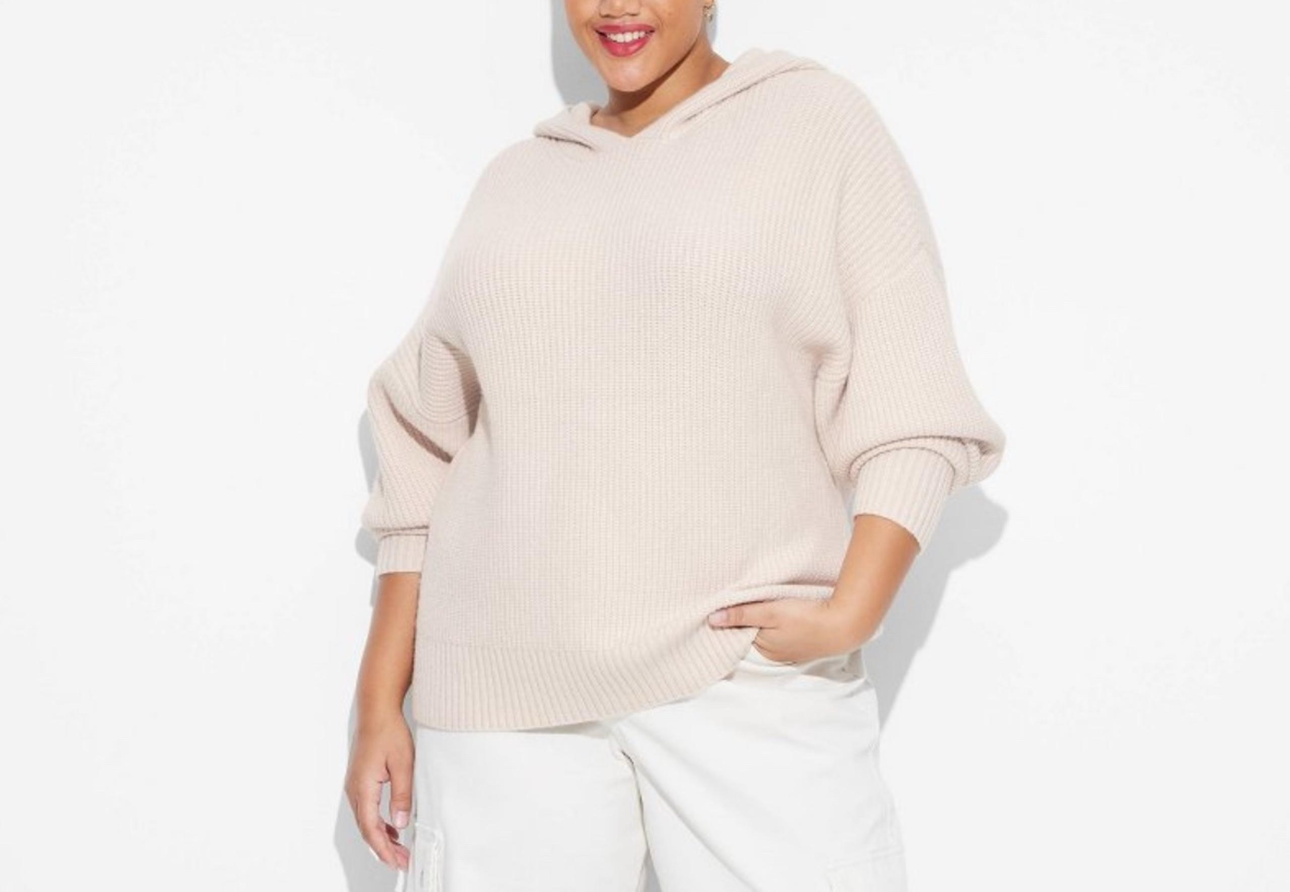 Wild Fable Women’s oversized ribbed hooded pullover sweater light beige size 2X