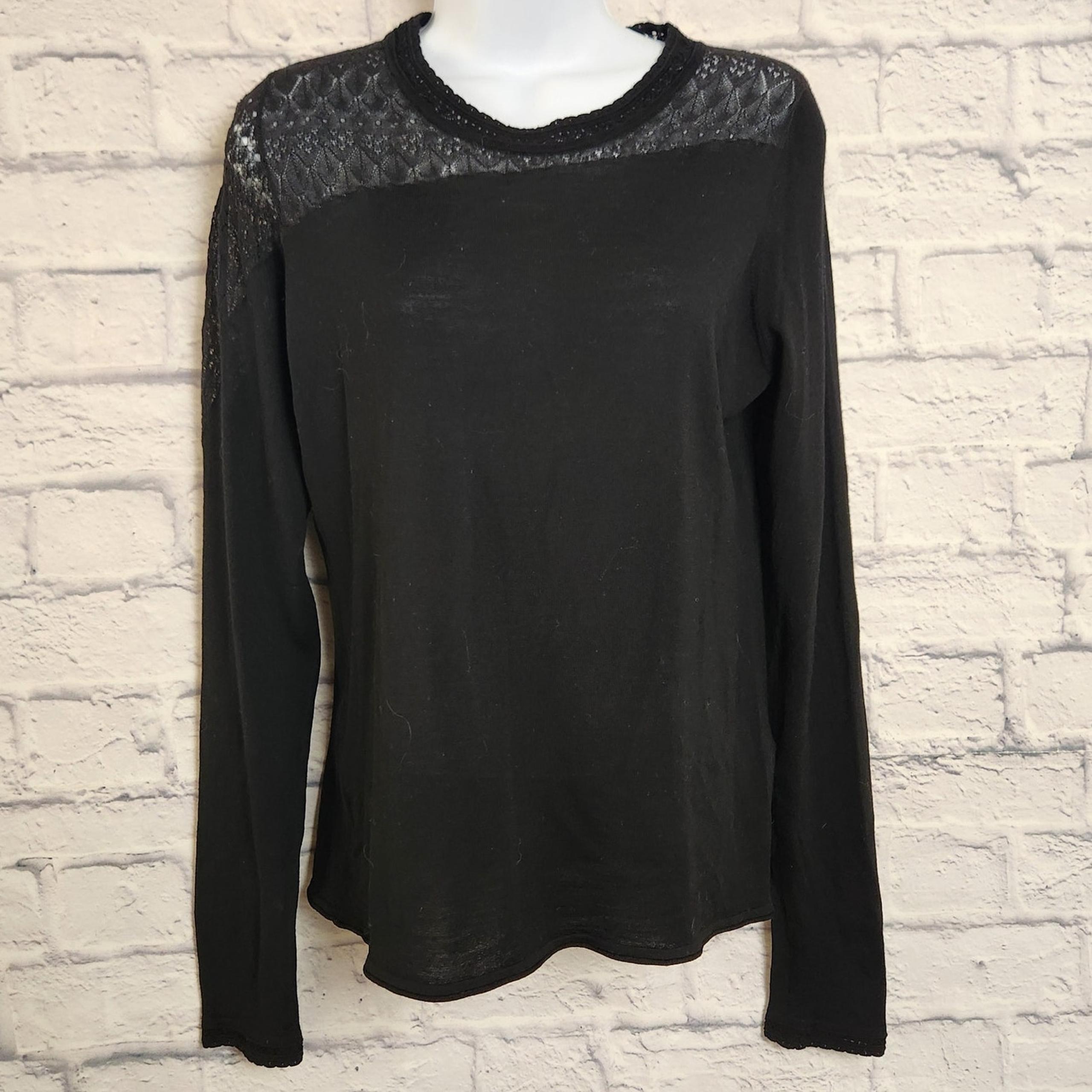 Elie Tahari Top Womens Size Medium Black 100% Extra Fine Merino Long Sleeve Lace