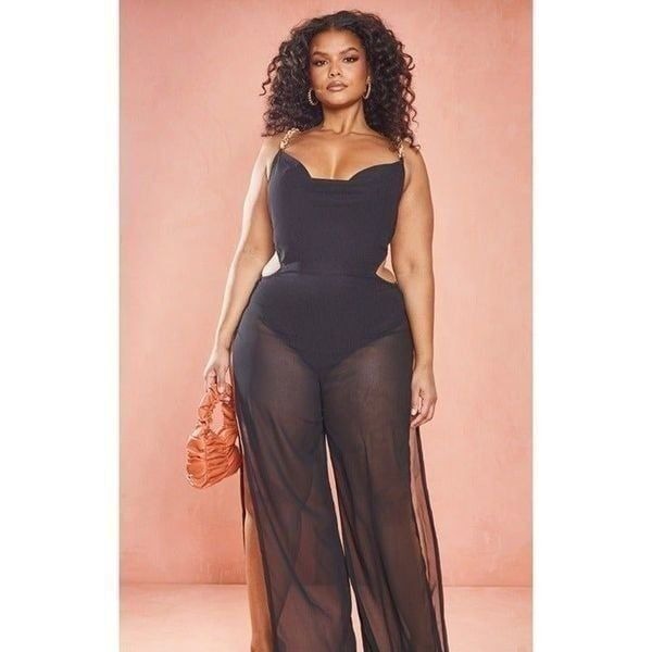 Prettiest Little Thing Black Chain Detail Cut Out Split Jumpsuit Size 16