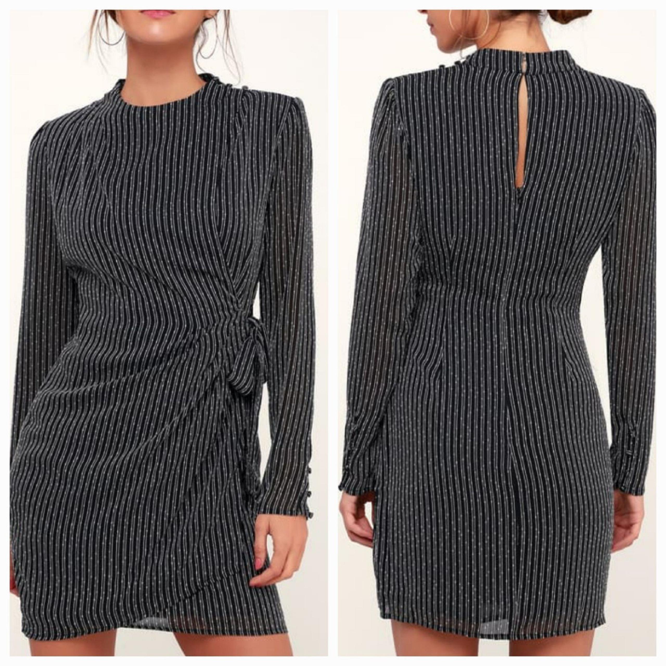 Jolene Black Striped Long Sleeve Wrap Dress
