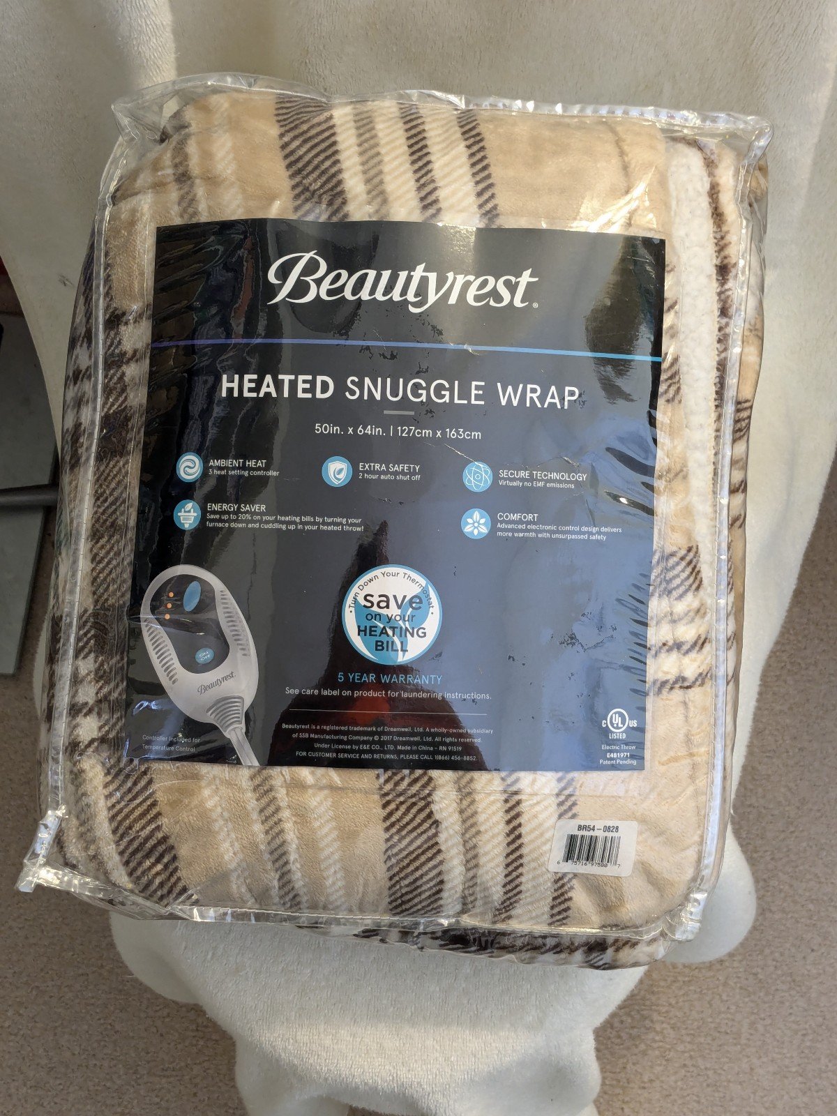 Beautyrest, Heated Snuggle Wrap, brown plaid, size 50x64, New with tags